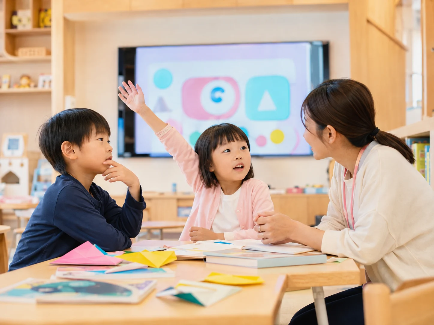 動画を見たあとに子どもたちが答えを話し、職員が耳を傾けている