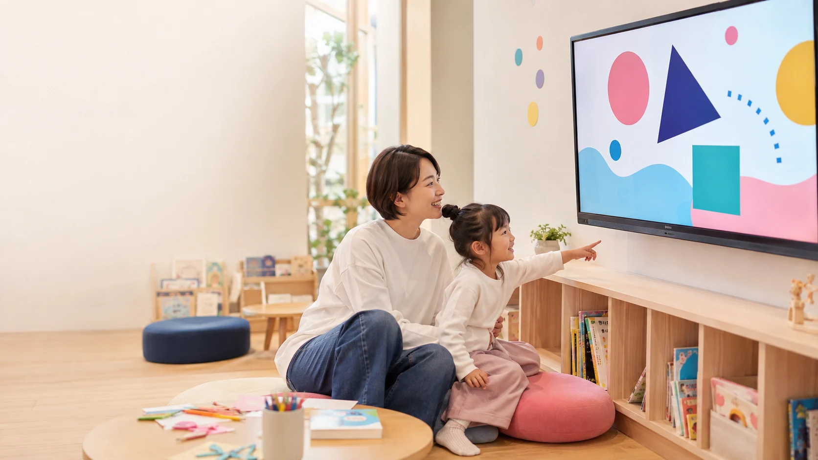 児童館で保護者と子どもが一緒に動画を楽しんでいる